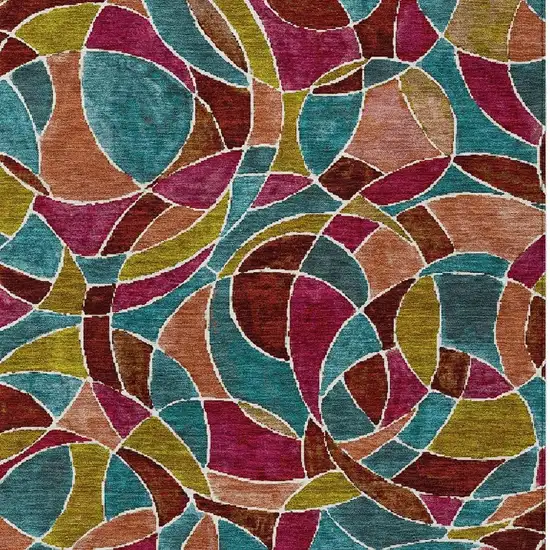 Merlot Teal Blue And Olive Green Geometric Washable Indoor Outdoor Area Rug Photo 5