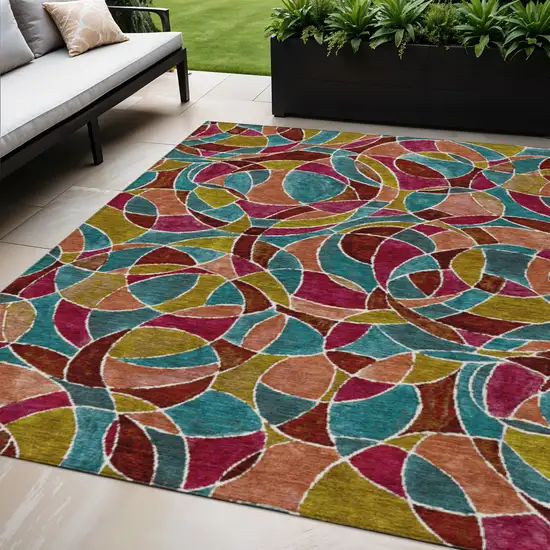 Merlot Teal Blue And Olive Green Geometric Washable Indoor Outdoor Area Rug Photo 2