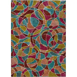 Photo of Merlot Teal Blue And Olive Green Geometric Washable Indoor Outdoor Area Rug