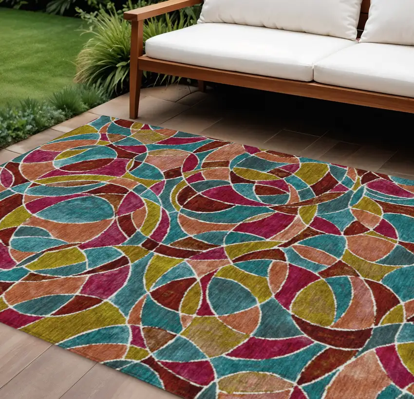 Merlot Teal Blue And Olive Green Geometric Washable Indoor Outdoor Area Rug Photo 2