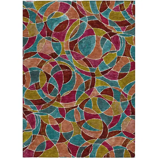 Merlot Teal Blue And Olive Green Geometric Washable Indoor Outdoor Area Rug Photo 3