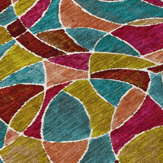 Merlot Teal Blue And Olive Green Geometric Washable Indoor Outdoor Area Rug Photo 5