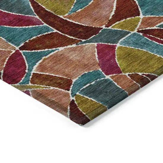 Merlot Teal Blue And Olive Green Geometric Washable Indoor Outdoor Area Rug Photo 4