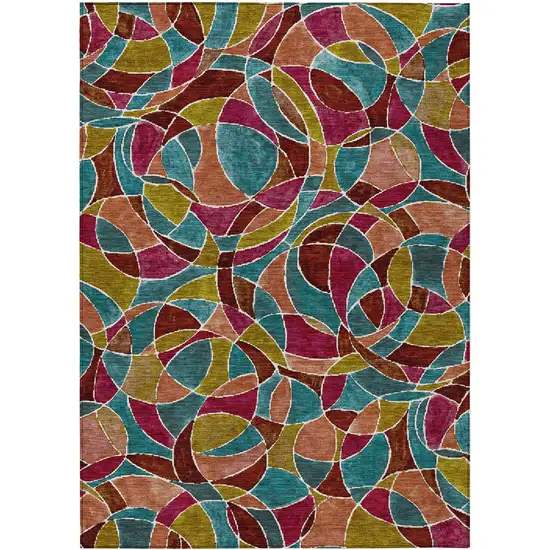 Merlot Teal Blue And Olive Green Geometric Washable Indoor Outdoor Area Rug Photo 1