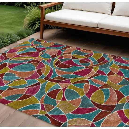 Merlot Teal Blue And Olive Green Geometric Washable Indoor Outdoor Area Rug Photo 2