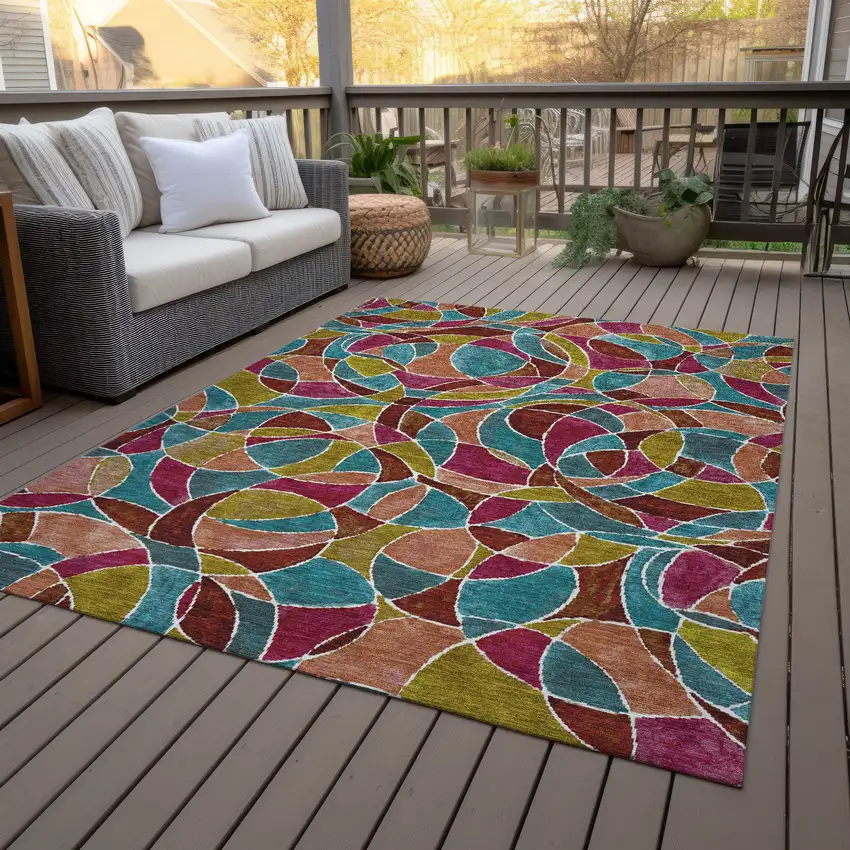 Merlot Teal Blue And Olive Green Geometric Washable Indoor Outdoor Area Rug Photo 8