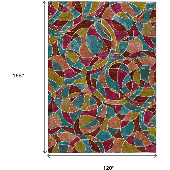 Merlot Teal Blue And Olive Green Geometric Washable Indoor Outdoor Area Rug Photo 9