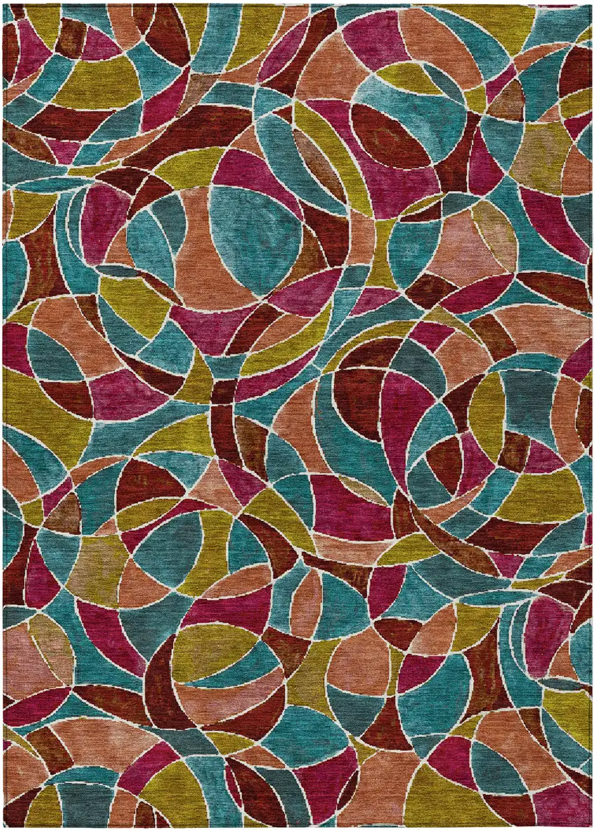 Merlot Teal Blue And Olive Green Geometric Washable Indoor Outdoor Area Rug Photo 1