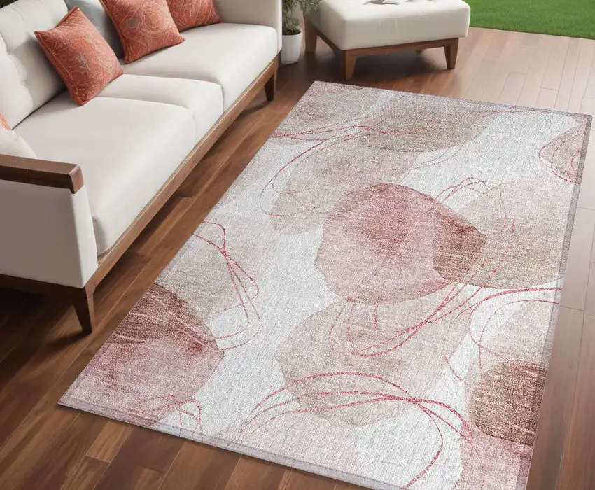 Merlot and Ivory Abstract Washable Non Skid Indoor Outdoor Area Rug Photo 1