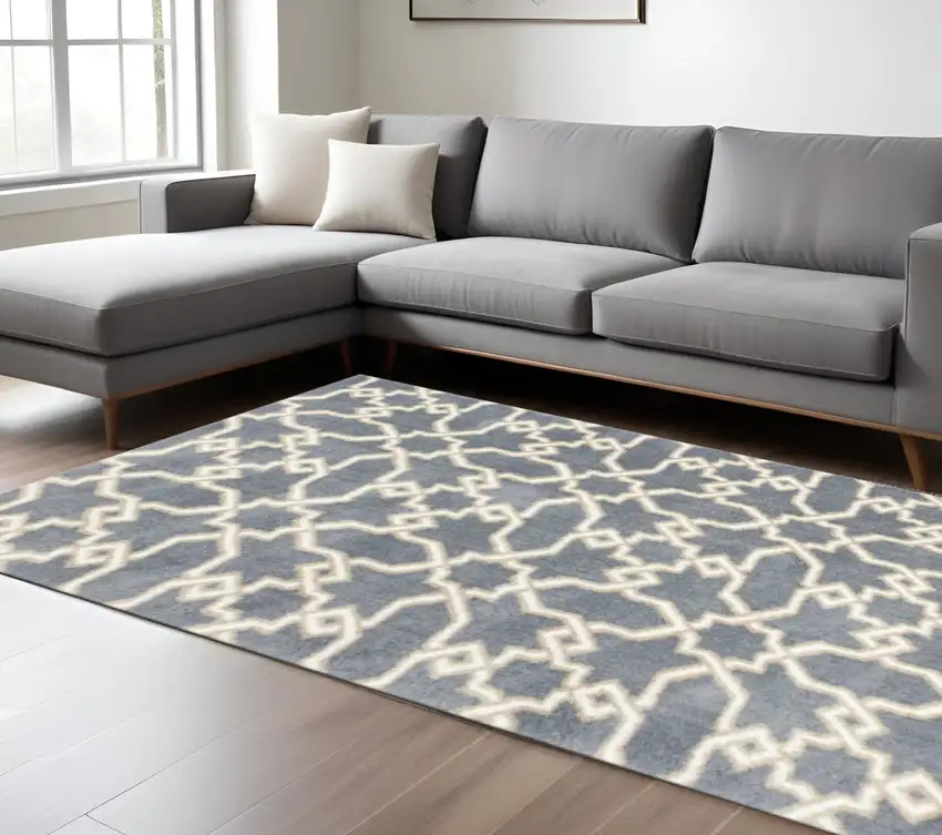 Slate Blue And Ivory Geometric Area Rug Photo 1