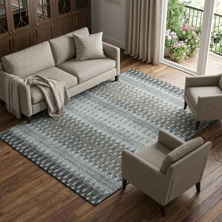 Midnight And Gray Tribal Distressed Washable Area Rug With UV Protection Photo 1