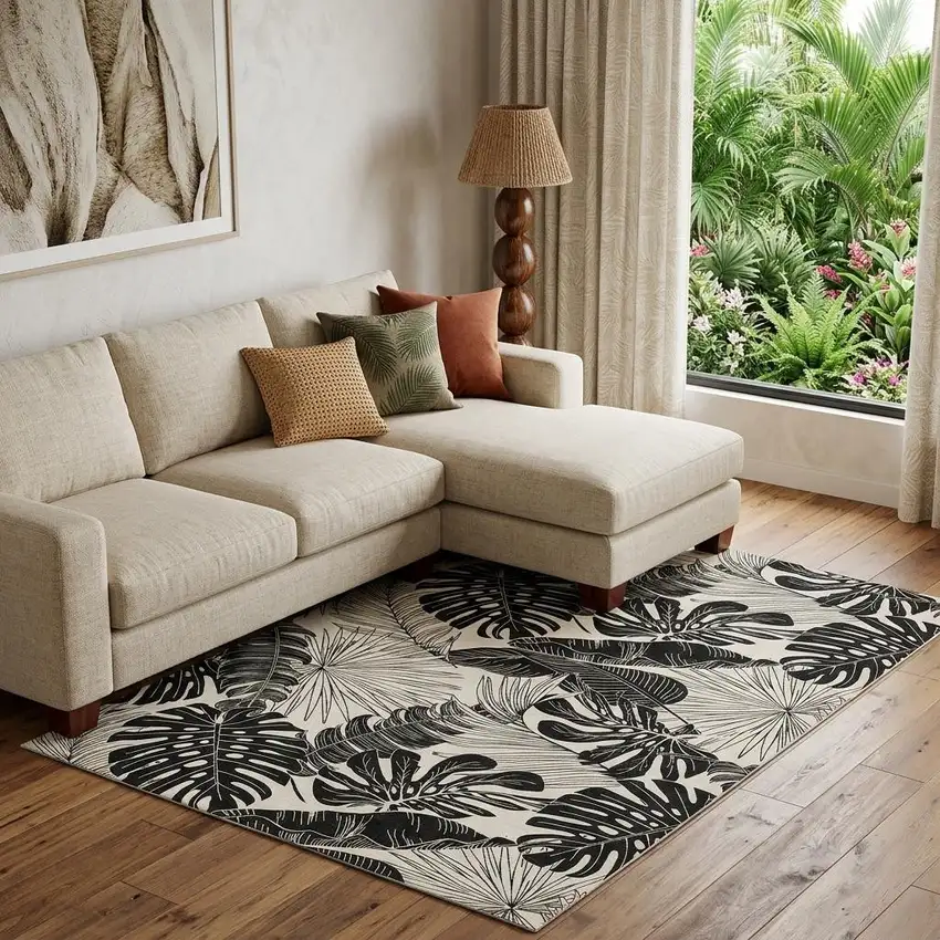 Midnight And Ivory Geometric Washable Area Rug With UV Protection Photo 1
