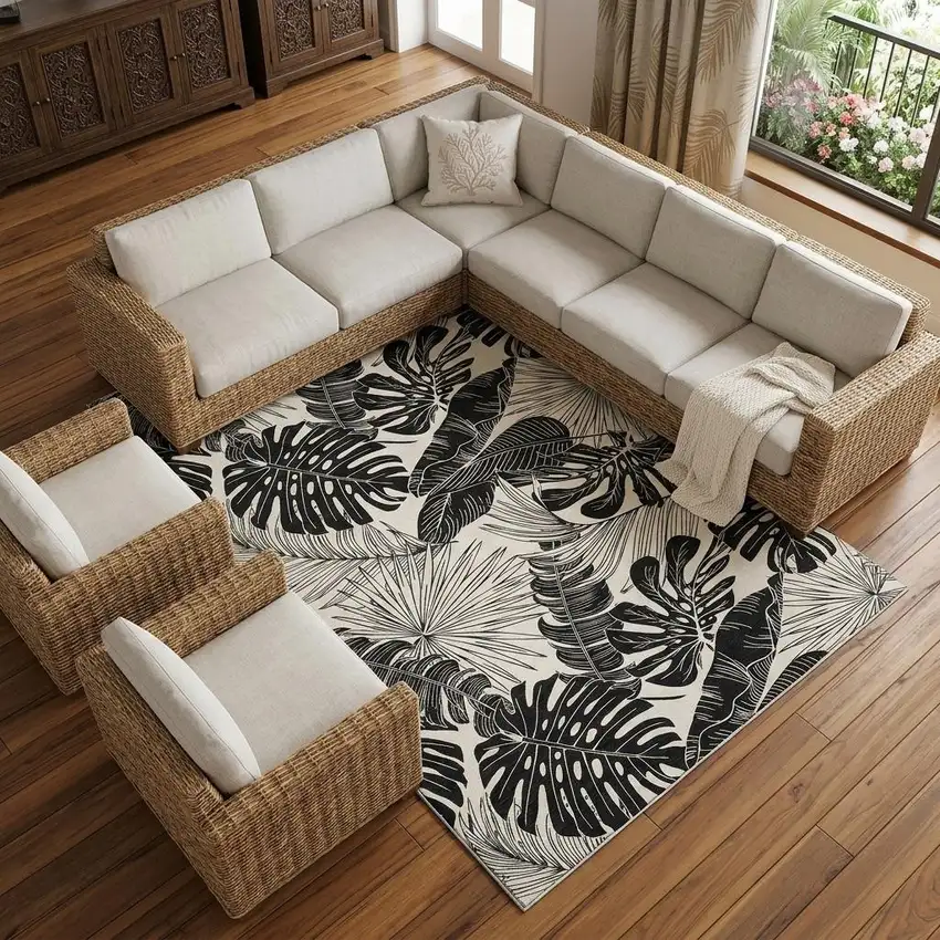 Midnight And Ivory Geometric Washable Area Rug With UV Protection Photo 1