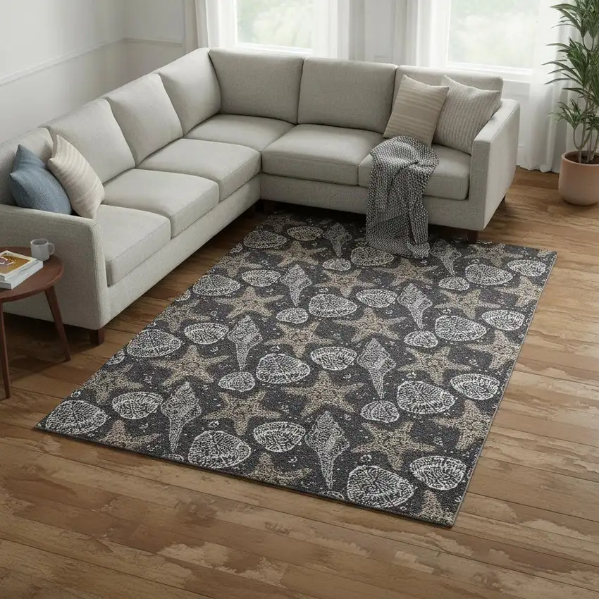 Midnight And Taupe Geometric Washable Area Rug With UV Protection Photo 1