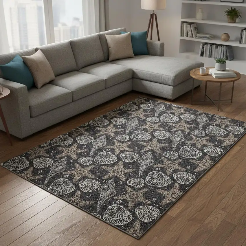 Midnight And Taupe Geometric Washable Area Rug With UV Protection Photo 1