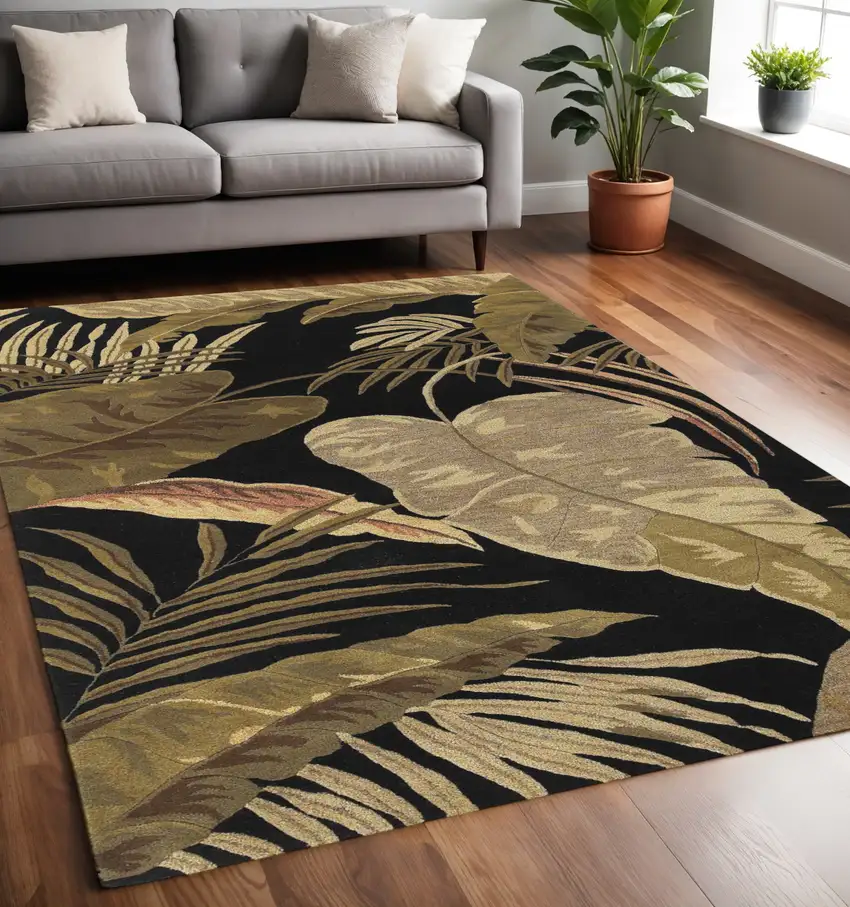 Black Beige And Brown Wool Botanical Leaves Hand Tufted Area Rug Photo 1