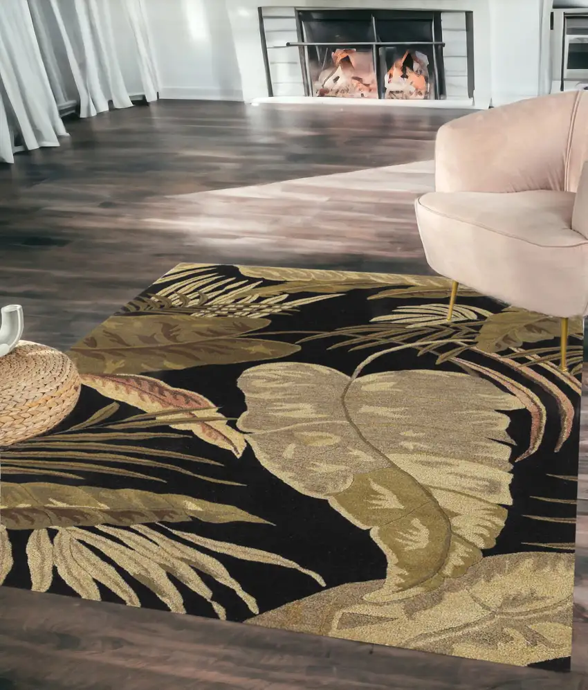 5'X8' Midnight Black Hand Tufted Tropical Leaves Indoor Area Rug Photo 1