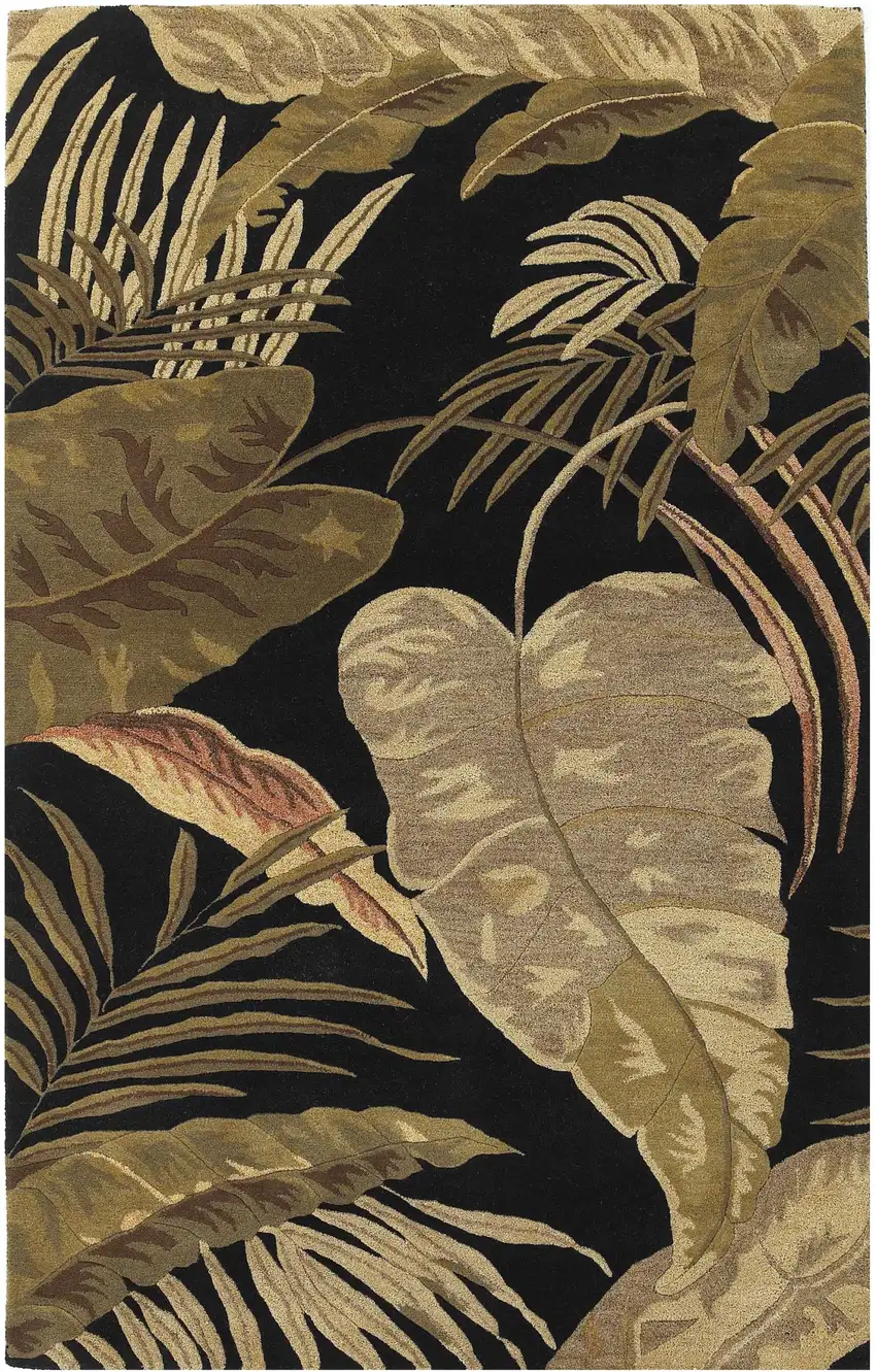 5'X8' Midnight Black Hand Tufted Tropical Leaves Indoor Area Rug Photo 2