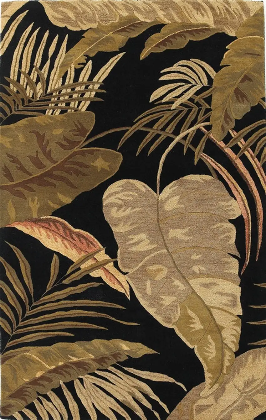 Midnight Black Hand Tufted Tropical Leaves Indoor Area Rug Photo 4