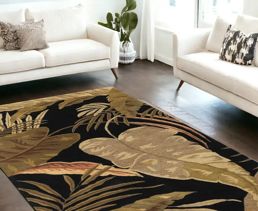 8'X11' Midnight Black Hand Tufted Tropical Leaves Indoor Area Rug Photo 1