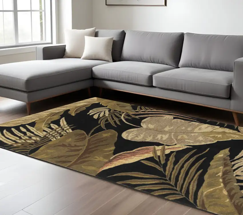 Black Beige And Brown Wool Botanical Leaves Hand Tufted Area Rug Photo 1