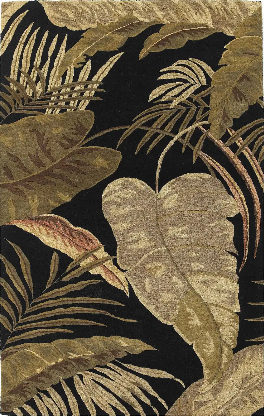 8'X11' Midnight Black Hand Tufted Tropical Leaves Indoor Area Rug Photo 1