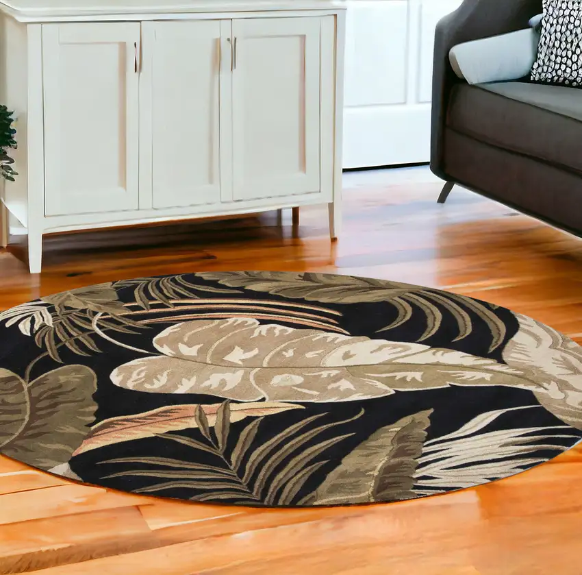8' Midnight Black Hand Tufted Tropical Leaves Round Indoor Area Rug Photo 1