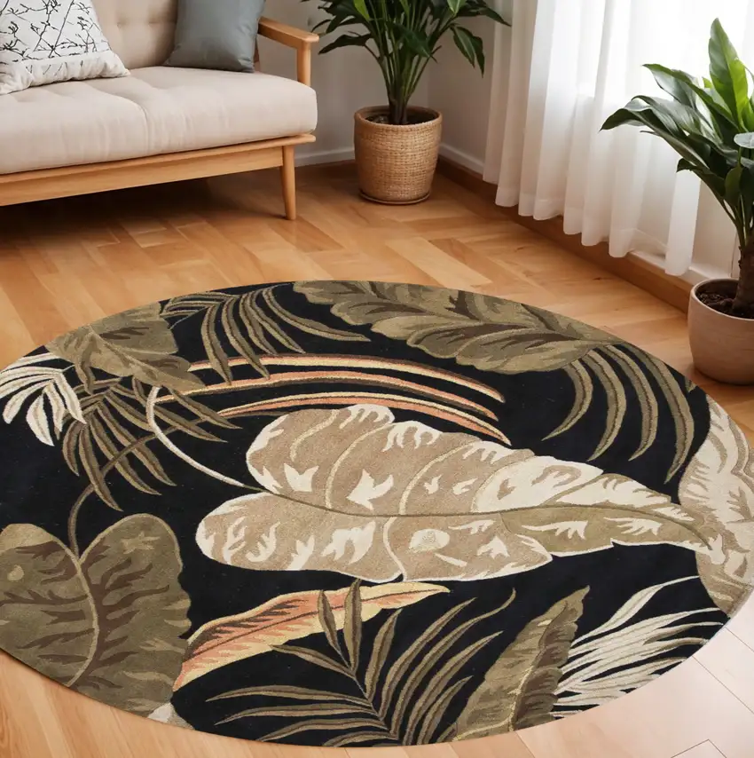 8' Black Beige And Brown Wool Botanical Leaves Hand Tufted Round Rug Photo 1