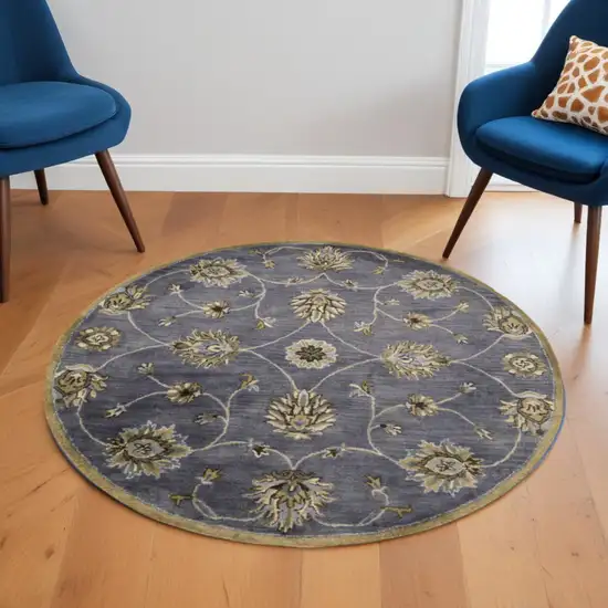 6' Dark Gray Green And Brown New Zealand Lambs Wool Floral Hand Tufted Round Rug Photo 1