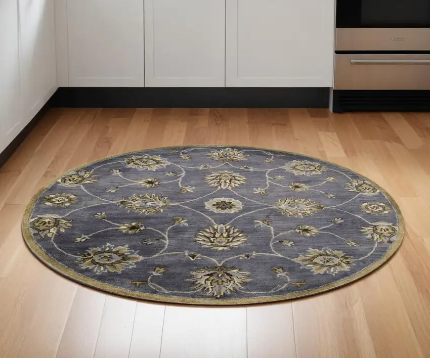6' Midnight Blue Hand Tufted Traditional Round Indoor Area Rug Photo 1