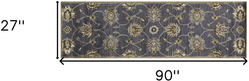 Midnight Blue Hand Tufted Wool Traditional Floral Indoor Runner Rug Photo 5