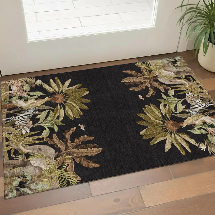 Midnight Brown And Olive Green Geometric Washable Area Rug With UV Protection Photo 1