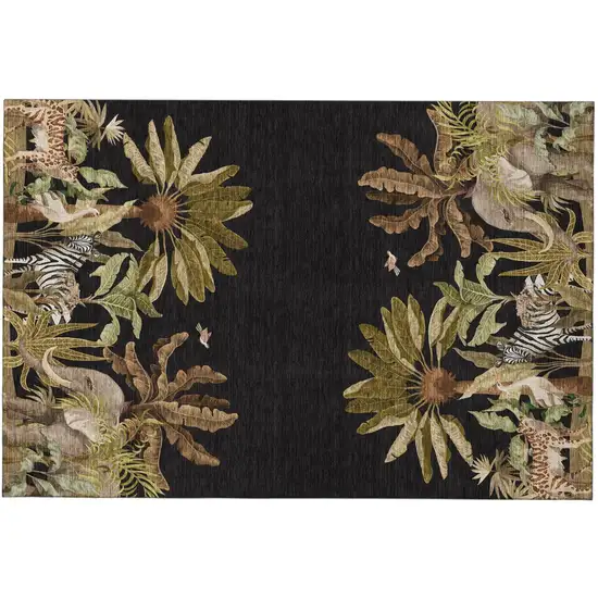 Midnight Brown And Olive Green Tropical Botanical Distressed Washable Area Rug With UV Protection Photo 2