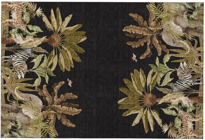 Midnight Brown And Olive Green Tropical Botanical Distressed Washable Area Rug With UV Protection Photo 2