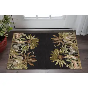 Photo of Midnight Brown And Olive Green Geometric Washable Area Rug With UV Protection