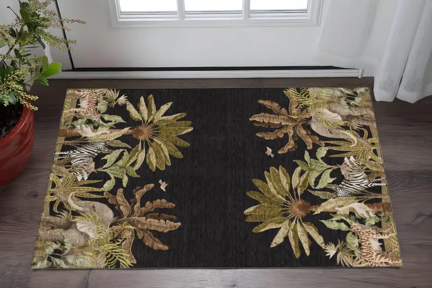 Midnight Brown And Olive Green Geometric Washable Area Rug With UV Protection Photo 1