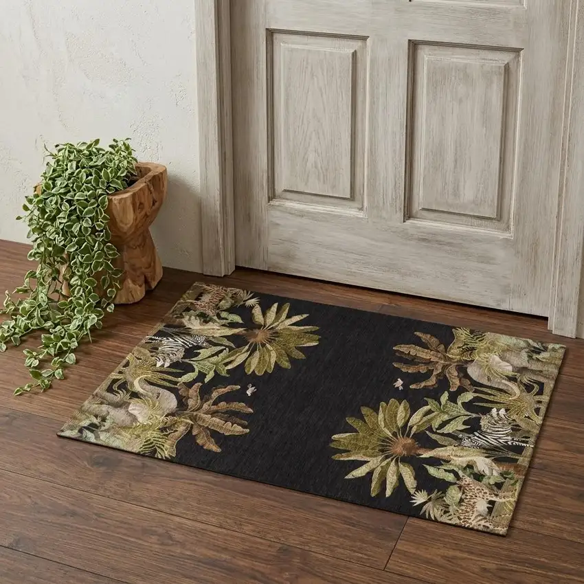 Midnight Brown And Olive Green Tropical Botanical Distressed Washable Area Rug With UV Protection Photo 1