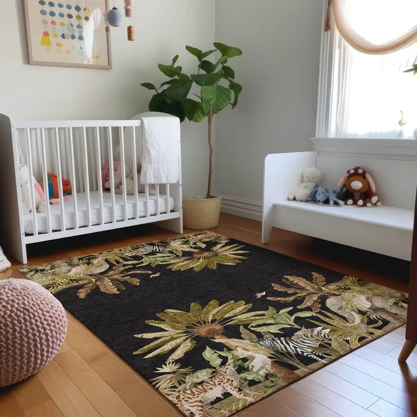 Midnight Brown And Olive Green Geometric Washable Area Rug With UV Protection Photo 7