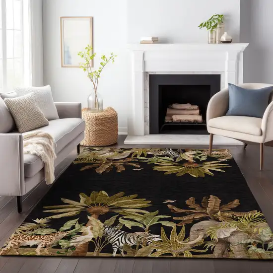 Midnight Brown And Olive Green Geometric Washable Area Rug With UV Protection Photo 8