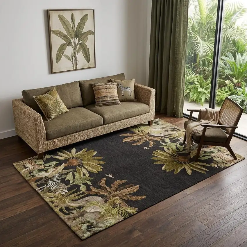 Midnight Brown And Olive Green Tropical Botanical Distressed Washable Area Rug With UV Protection Photo 1