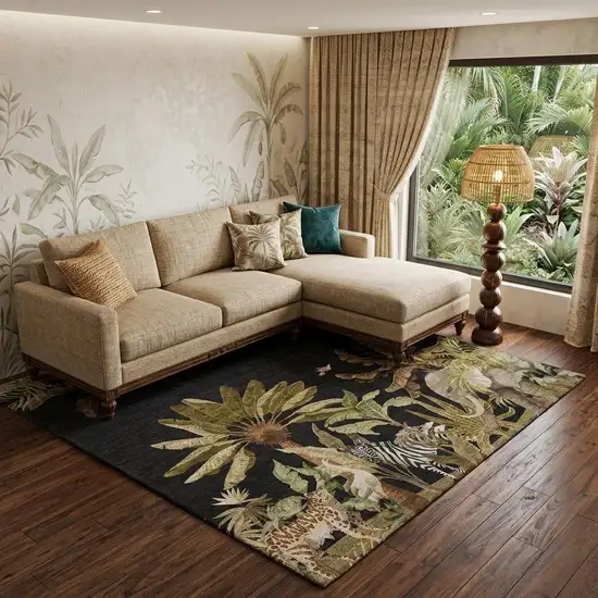 Midnight Brown And Olive Green Tropical Botanical Distressed Washable Area Rug With UV Protection Photo 1