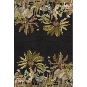 Photo of Midnight Brown And Olive Green Geometric Washable Area Rug With UV Protection
