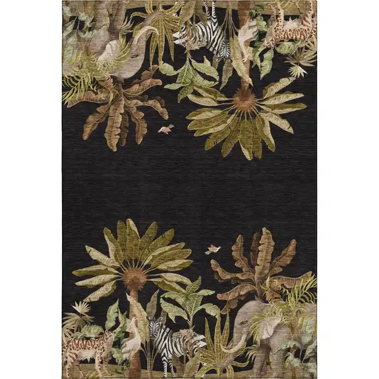 Midnight Brown And Olive Green Geometric Washable Area Rug With UV Protection Photo 2