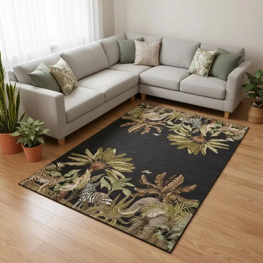 Midnight Brown And Olive Green Geometric Washable Area Rug With UV Protection Photo 1