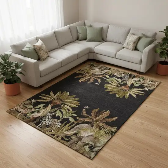 Midnight Brown And Olive Green Geometric Washable Area Rug With UV Protection Photo 3