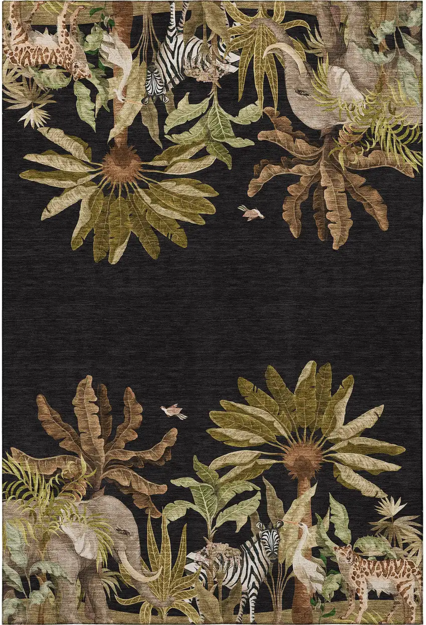 Midnight Brown And Olive Green Geometric Washable Area Rug With UV Protection Photo 5