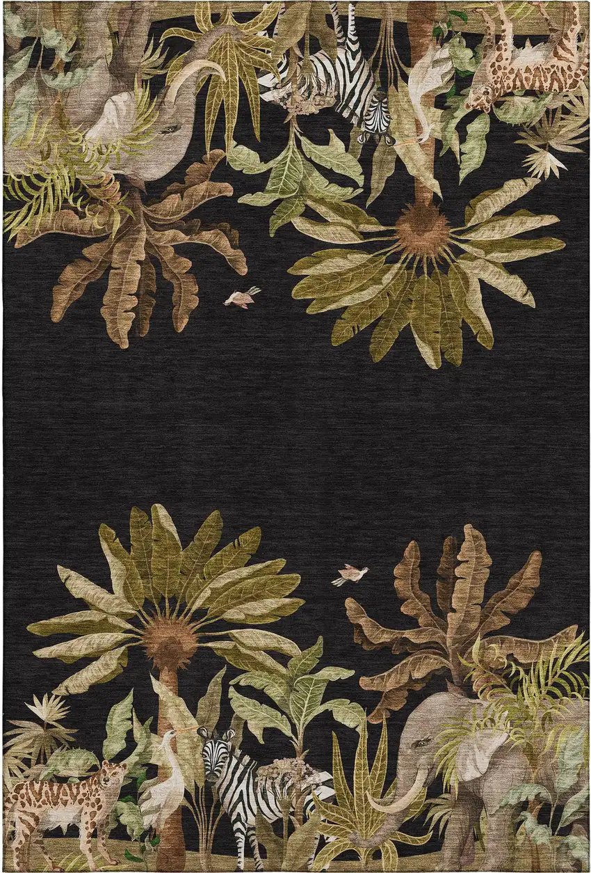 Midnight Brown And Olive Green Geometric Washable Area Rug With UV Protection Photo 1