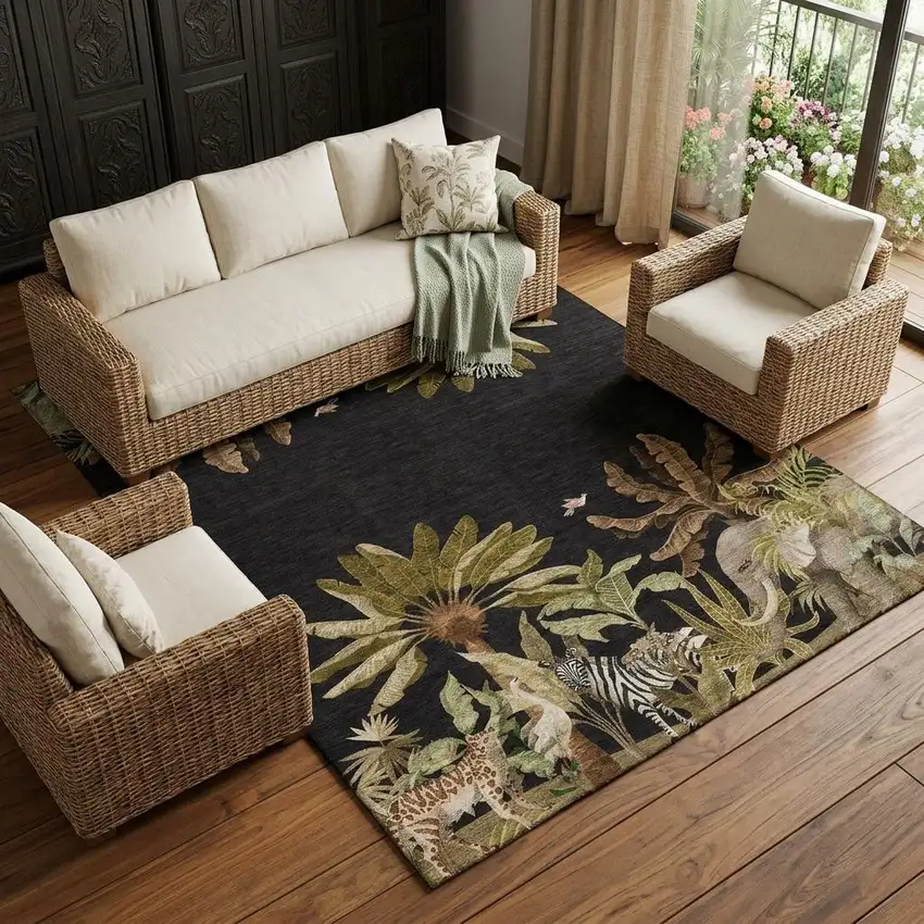 Midnight Brown And Olive Green Tropical Botanical Distressed Washable Area Rug With UV Protection Photo 1