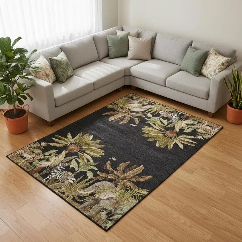 Midnight Brown And Olive Green Geometric Washable Area Rug With UV Protection Photo 1