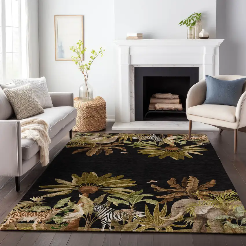 Midnight Brown And Olive Green Geometric Washable Area Rug With UV Protection Photo 7